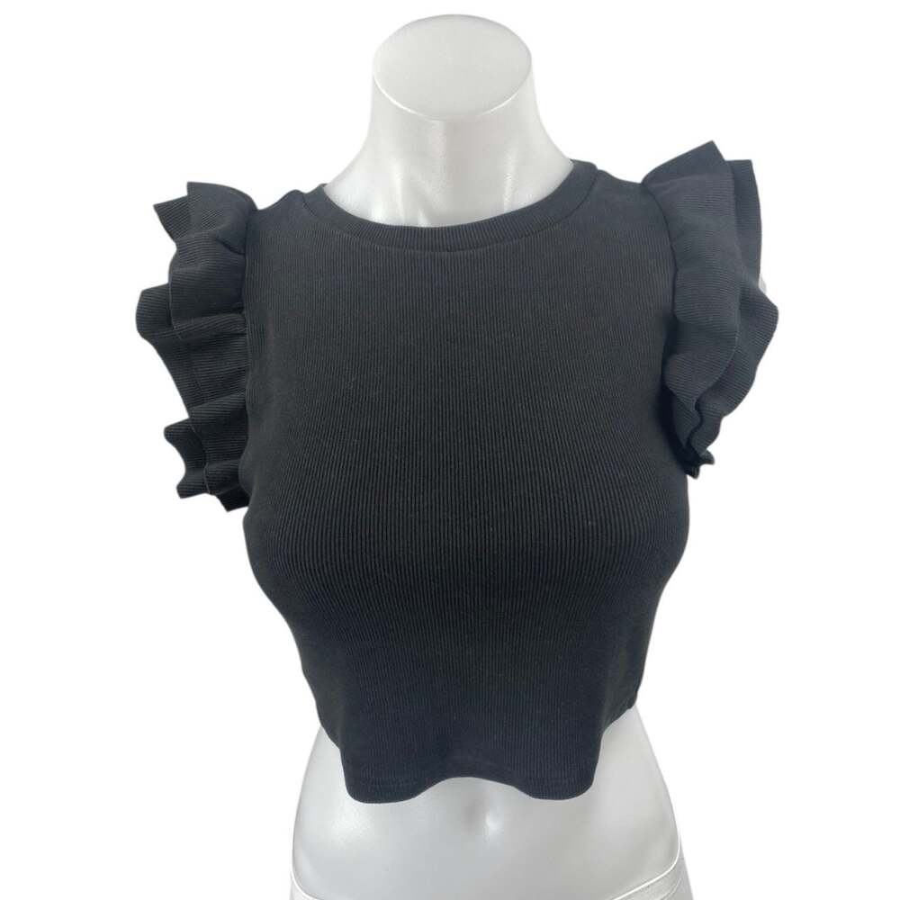 Zara Women's Black Ruffle Sleeve Ribbed Knit Crew Neck Crop Blouse Top Size M